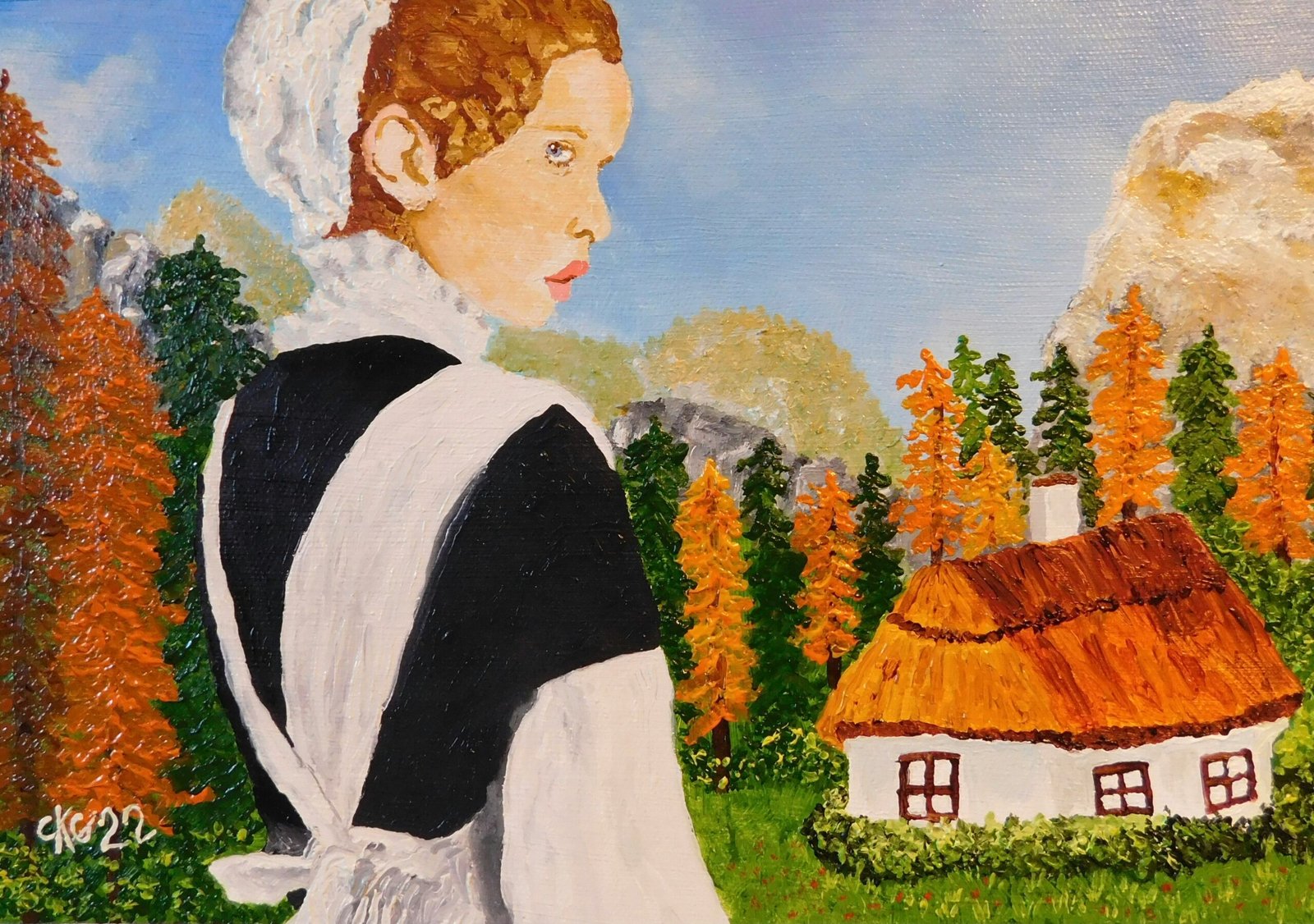 a painting of a person in a black and white dress standing in front of a house and aRepresenting Natural Cleaning Services in Middlebury Indiana 